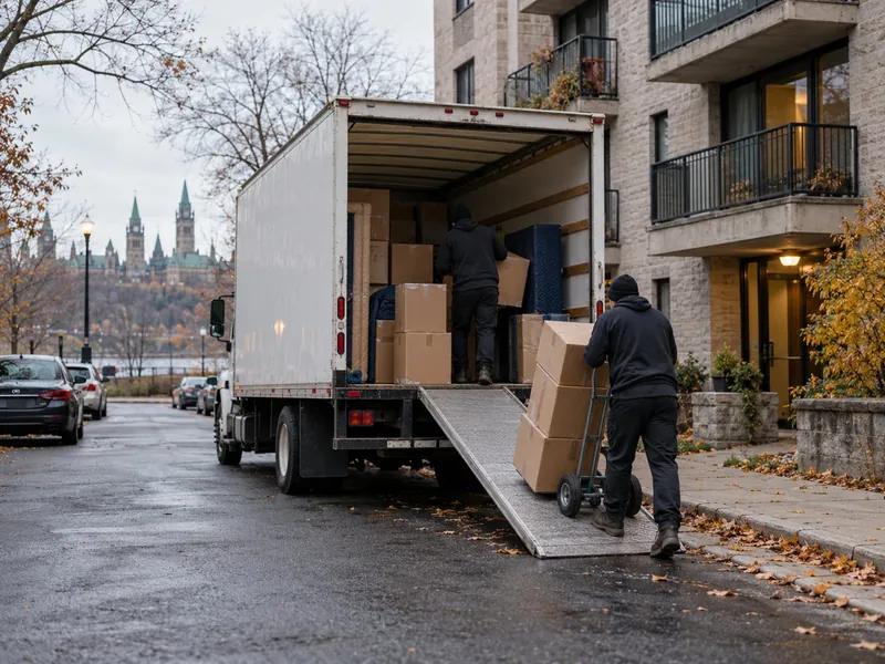 Moving truck with the ramp down outside an Ottawa apartment building, a mover wheeling boxes on a dolly