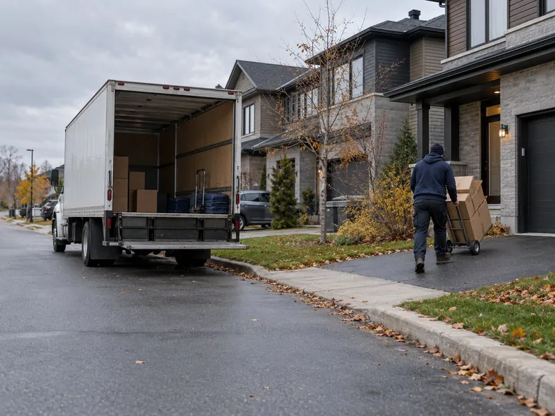 Moving truck on a Kanata street of new townhouses, a mover wheeling boxes up the driveway