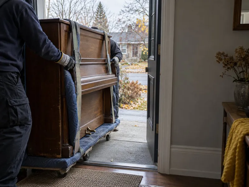 Upright piano strapped to a padded dolly, guided through a front doorway by movers in work gloves